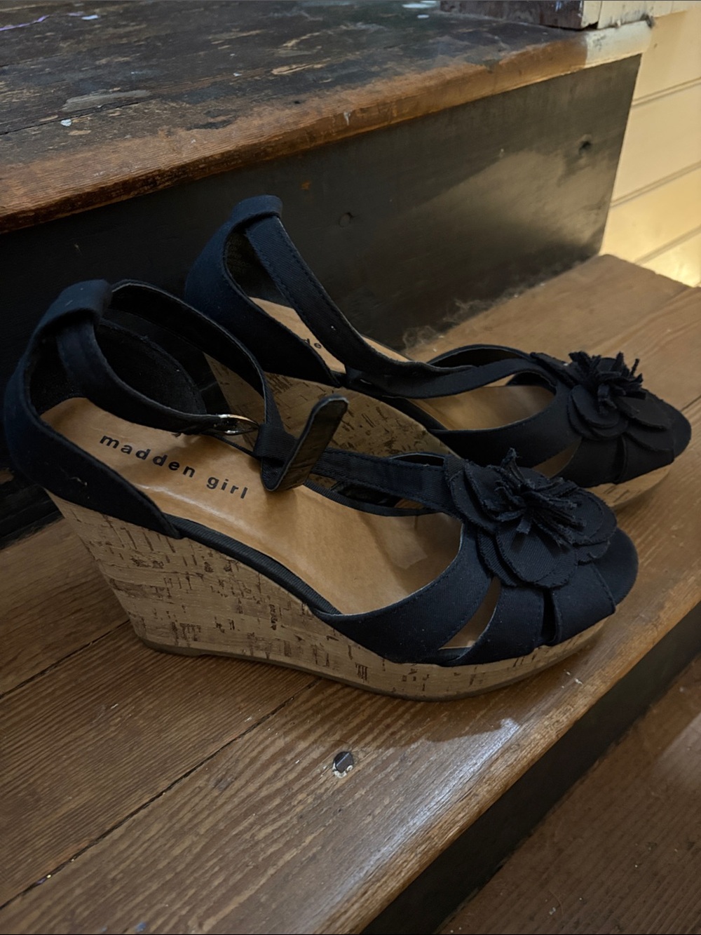 Madden Girl Black Floral Cork Wedge Sandals